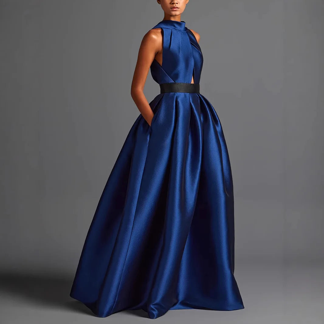 Satin Halter Draped Evening Dress — Dark Blue | KIMLUD