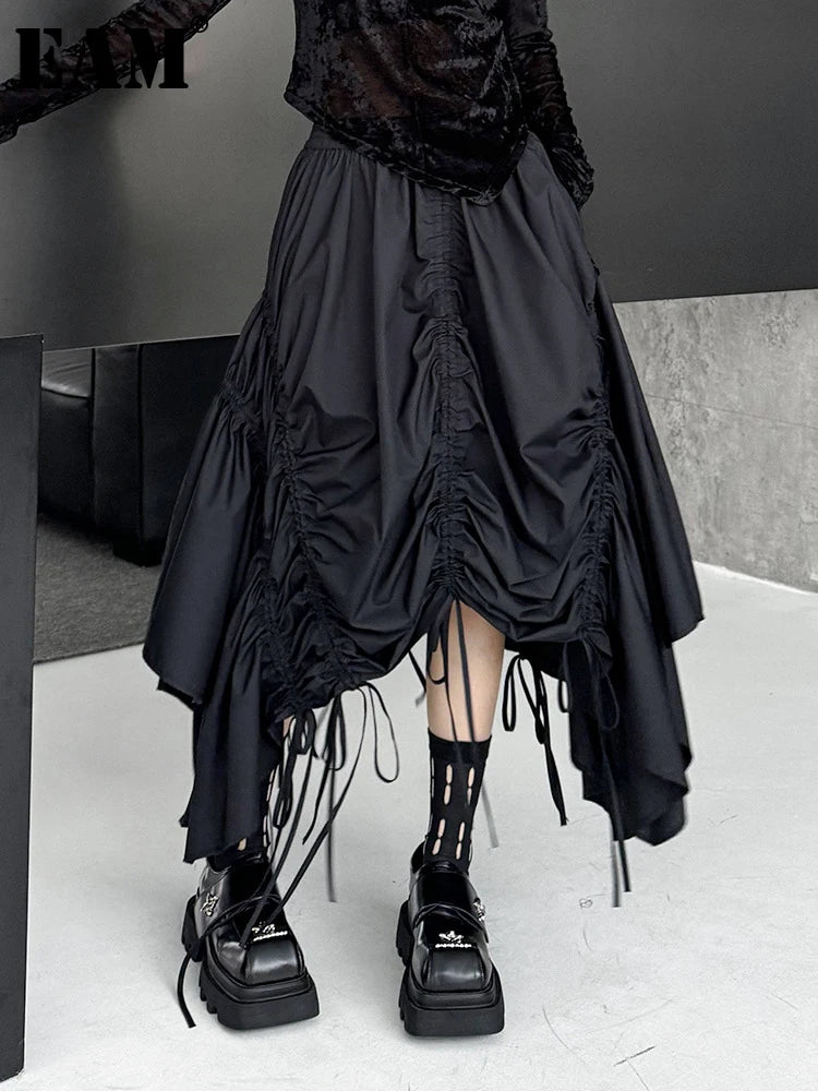 Skirt – Drawstring Waist – Irregular Hem – Cotton – Black | KIMLUD