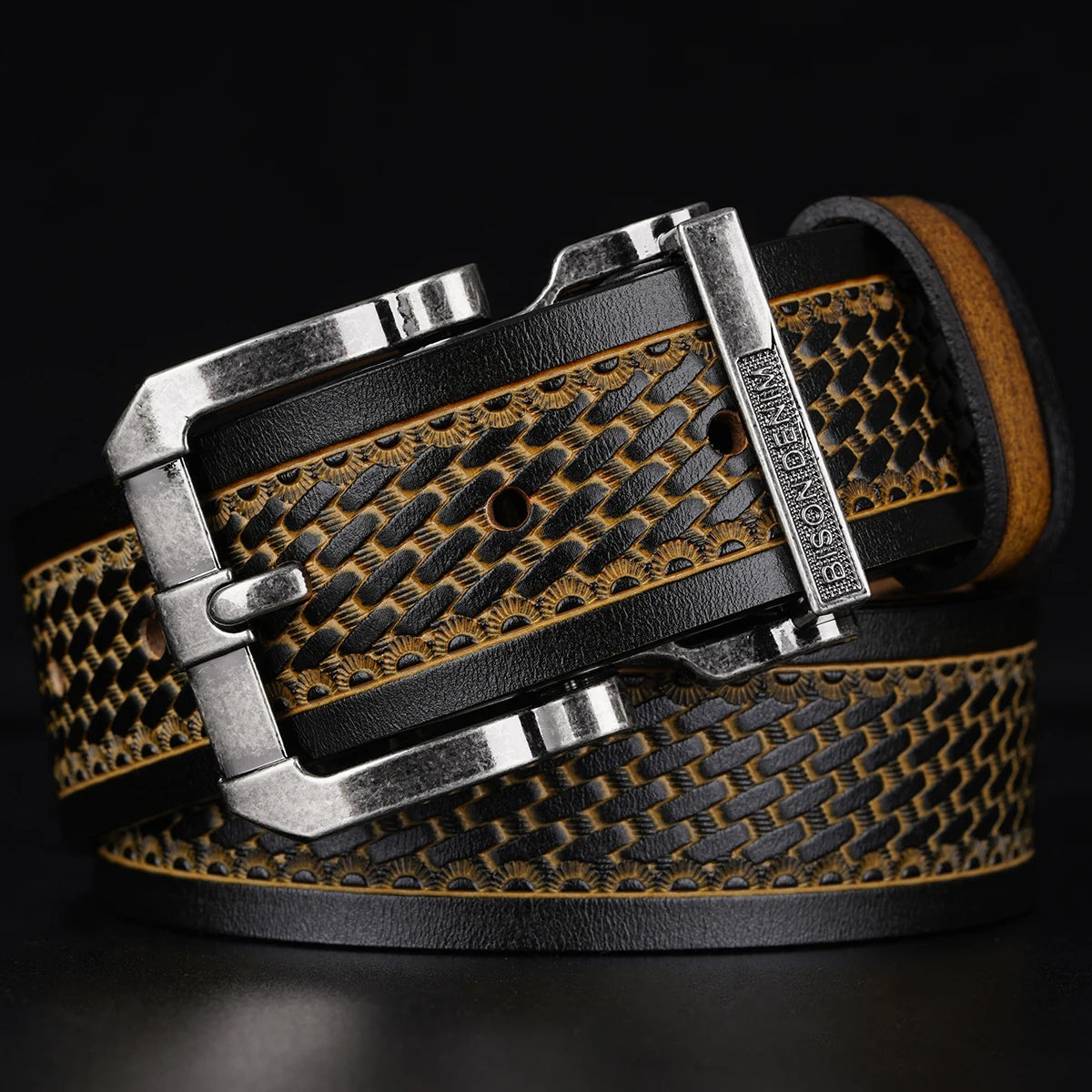 Cow Split Leather Belt Pin Buckle — Black | KIMLUD