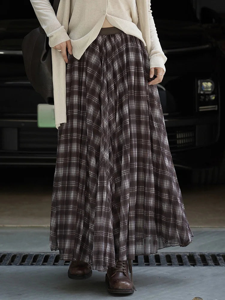Skirt - High Elastic Waist - A-Line - Blue Coffee Plaid | KIMLUD