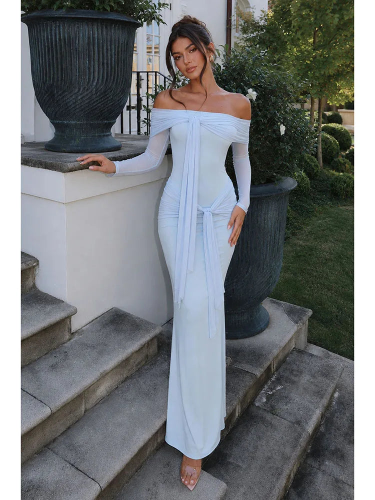 Maxi Dress – Slash Neck Mesh Long Sleeve – Polyester – Light Blue | KIMLUD