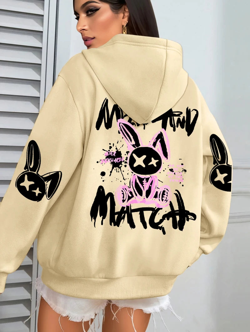 Hoodie – Cartoon Rabbit Prints – Loose Silhouette – Hooded | KIMLUD