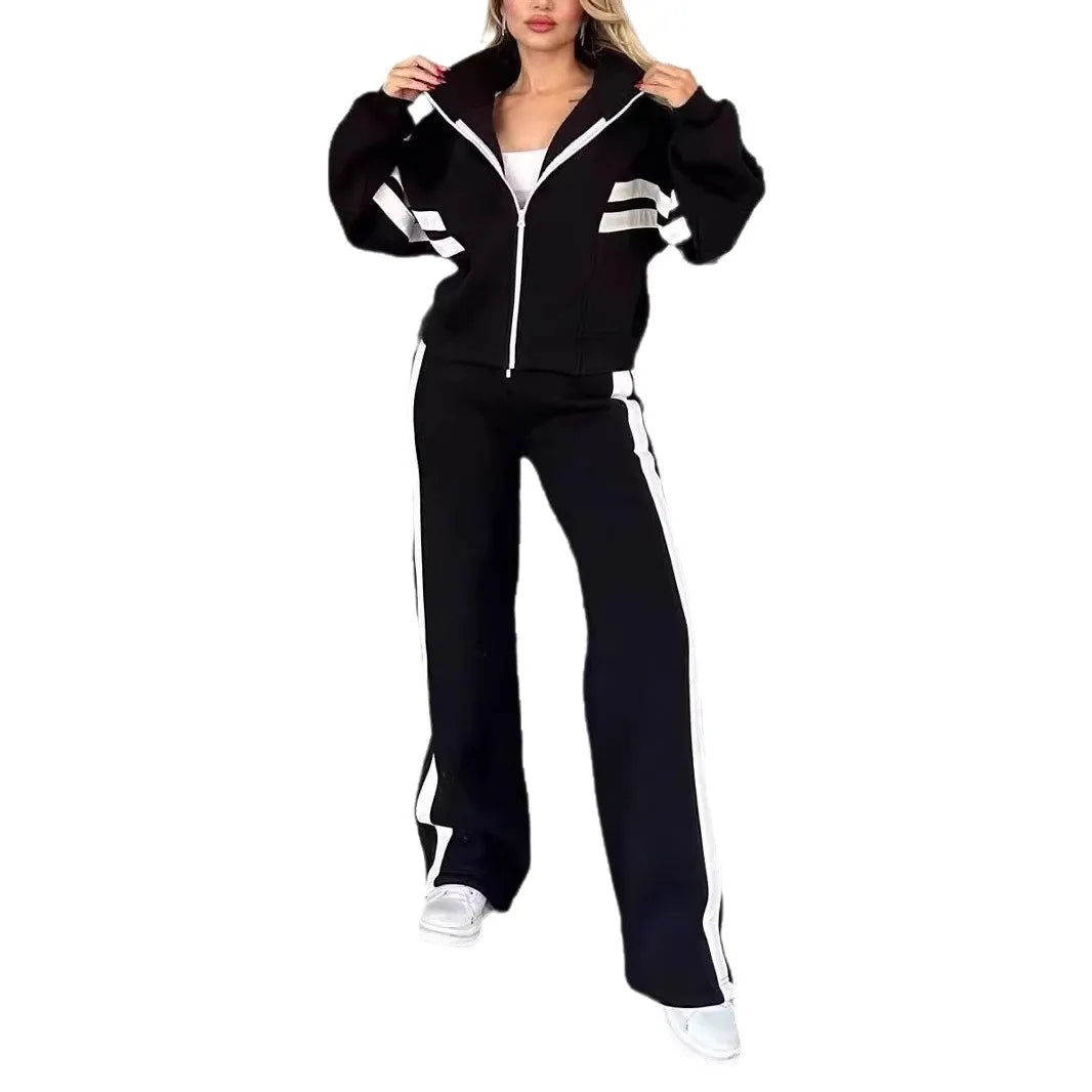 Laminated Striped Two-Piece Tracksuit Set — White | KIMLUD