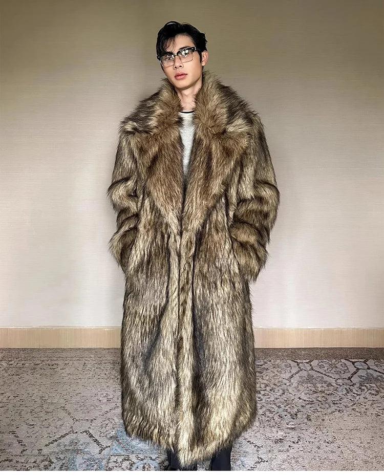 Men's Fur Coat – Lapel Long Overcoat – Wolf Fur And Fox Fur | KIMLUD