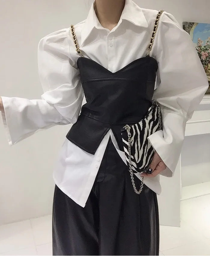 PU Leather Vest Two-Piece Shirt Set With Oversized Bubble Sleeves And Chain Detail — White | KIMLUD