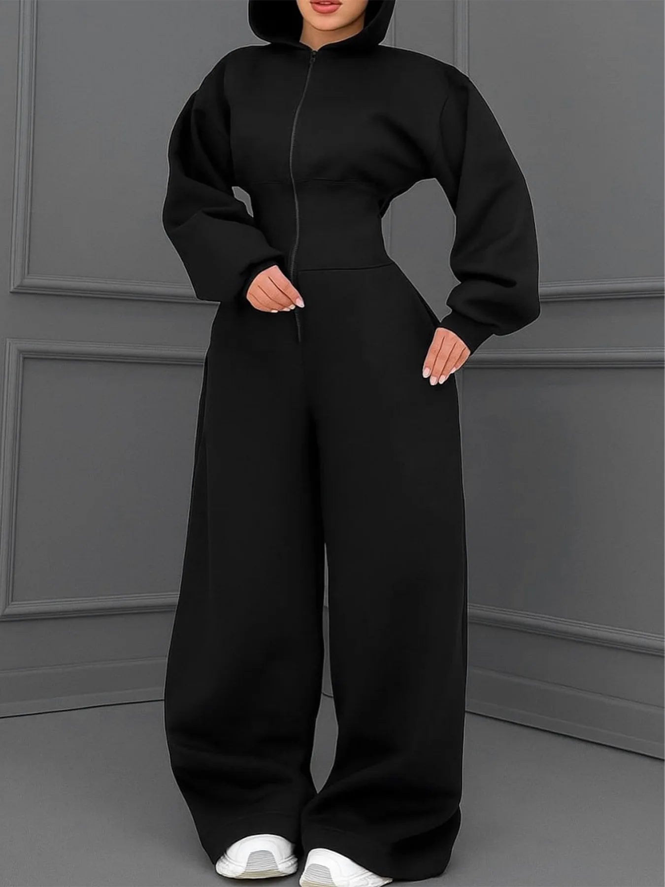 Hooded Zipper Jumpsuit Elastic-Waist — Black | KIMLUD