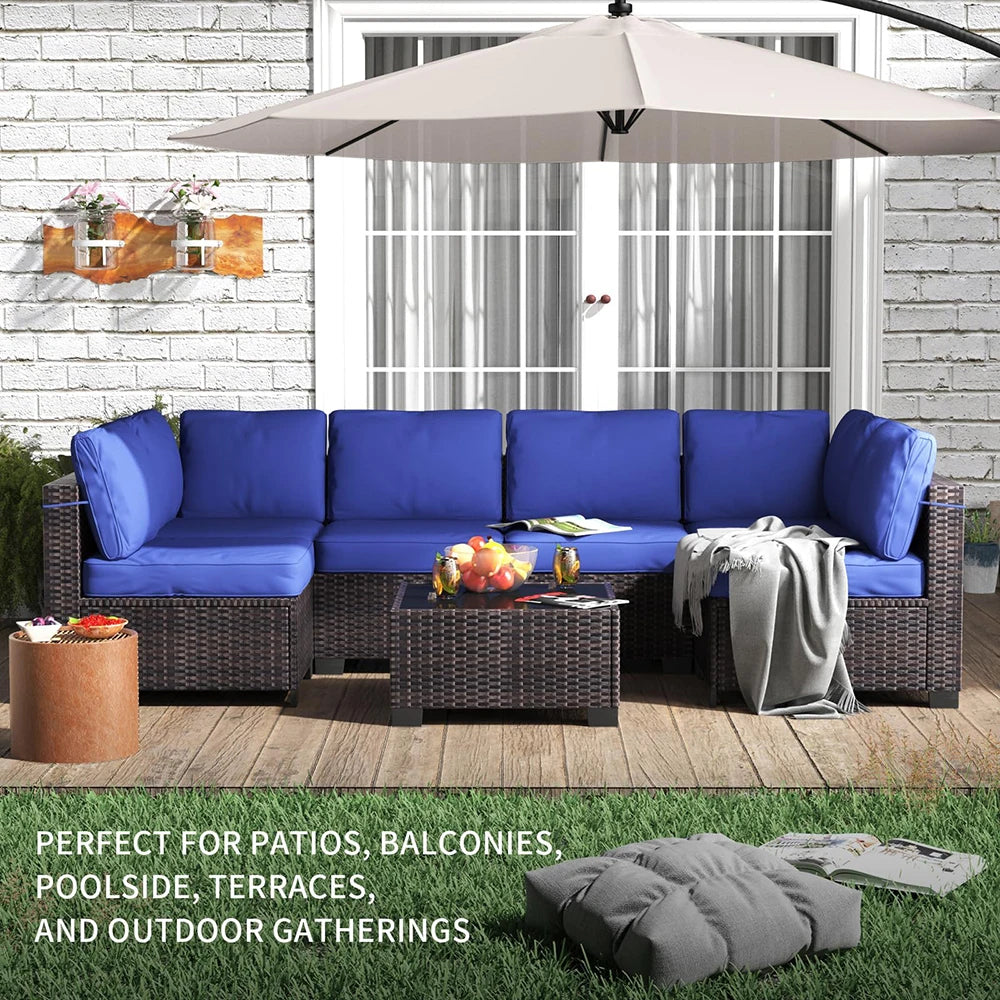 7-Piece PE Rattan Sectional Patio Set, Wicker Outdoor Sofa With Cushions & Glass Coffee Table, Conversation Furniture For Garden