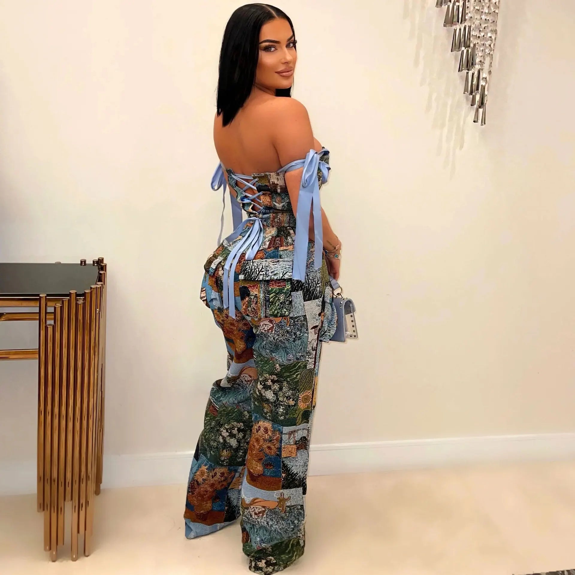 Oil Painting Print Knit Two Piece Set With Lace Up Back Crop Top — Blue | KIMLUD