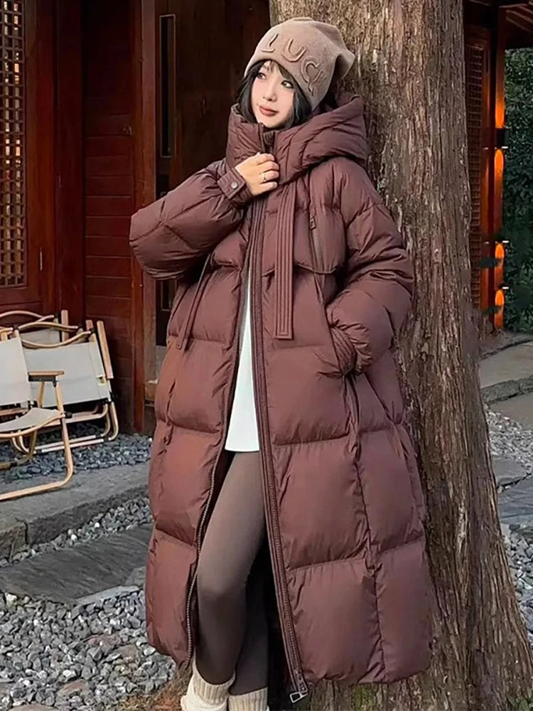 Women's Down Cotton Padded Jackets Korean Thickened Warm Long Overcoat Solid Hooded Overall Topcoat 2024 Winter