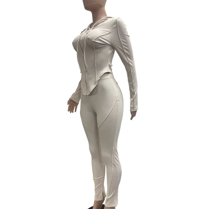 Two-Piece Zip Hooded Tracksuit Set - Slim Fit - Flare Pants | KIMLUD