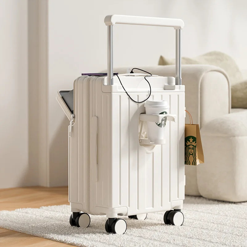 Wide tie rod suitcase Men's and women's multi-functional front opening boarding case New water cup holder Password travel case
