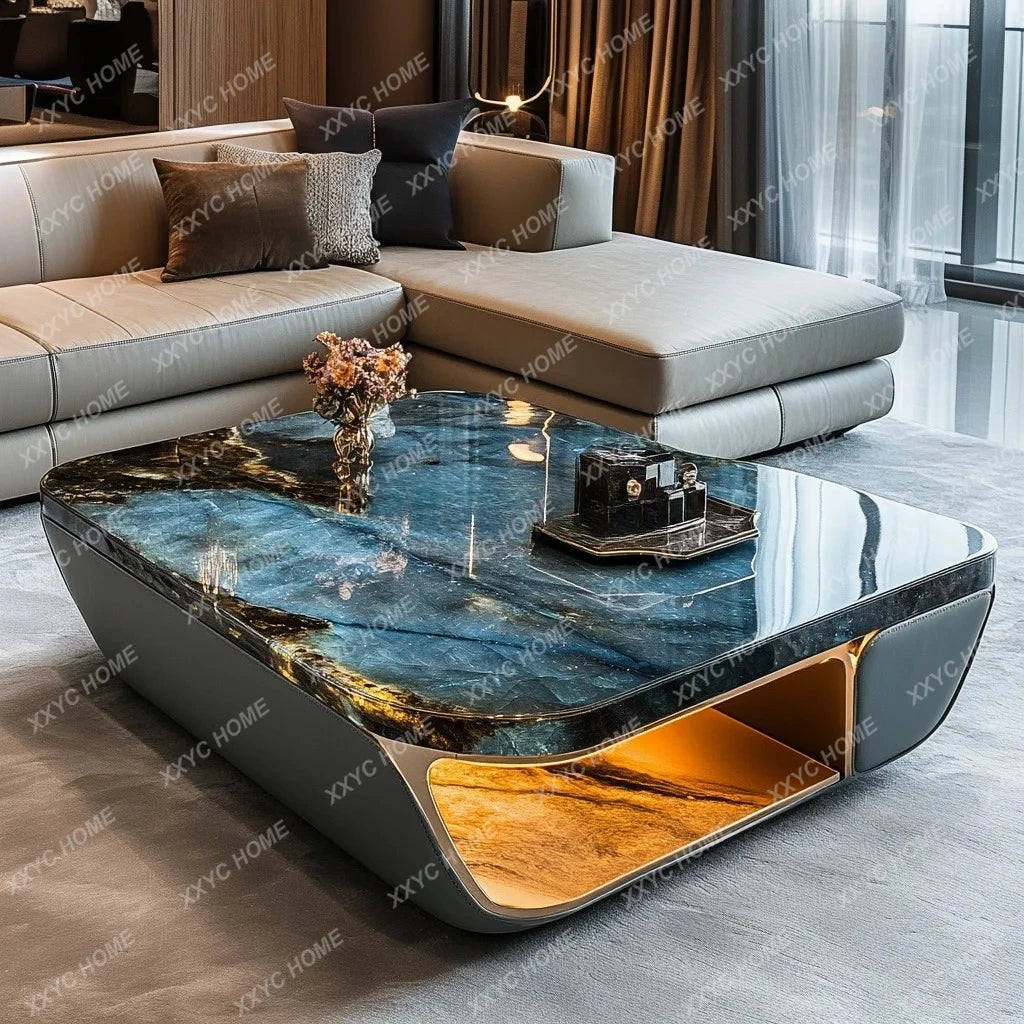 Luminous blue jadeite luxury stone coffee table elegant modern living room advanced design jade minimalist marble villa home