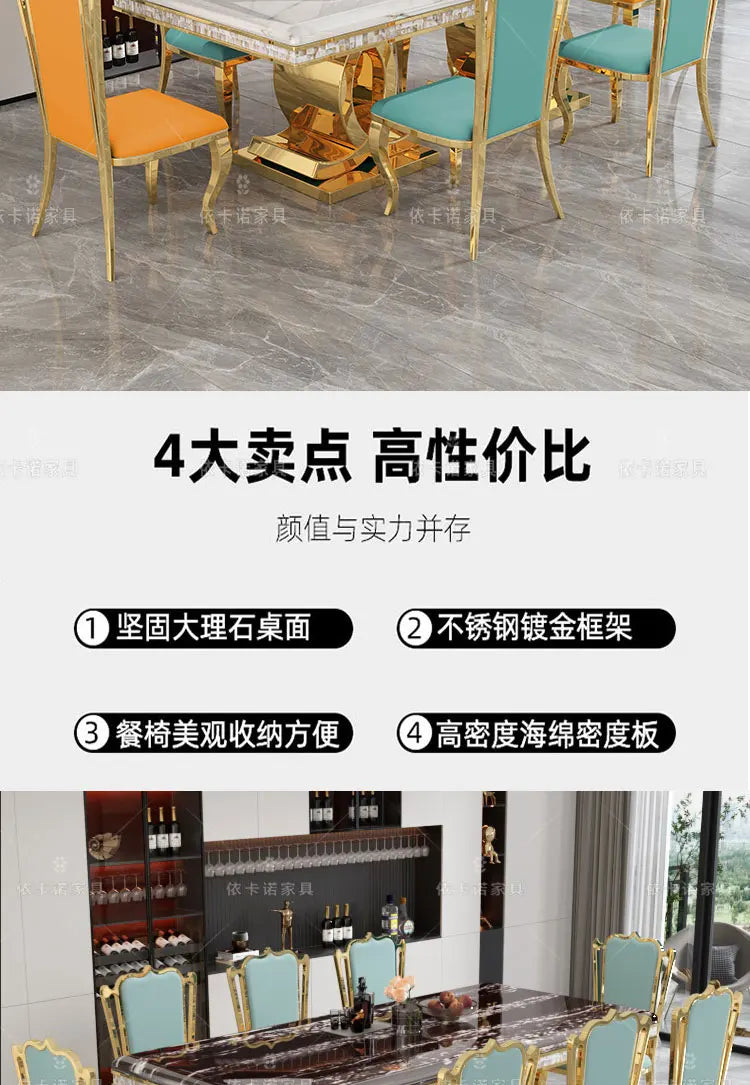 Marble Dining Table Set With Gold-Tone Frame — White | KIMLUD