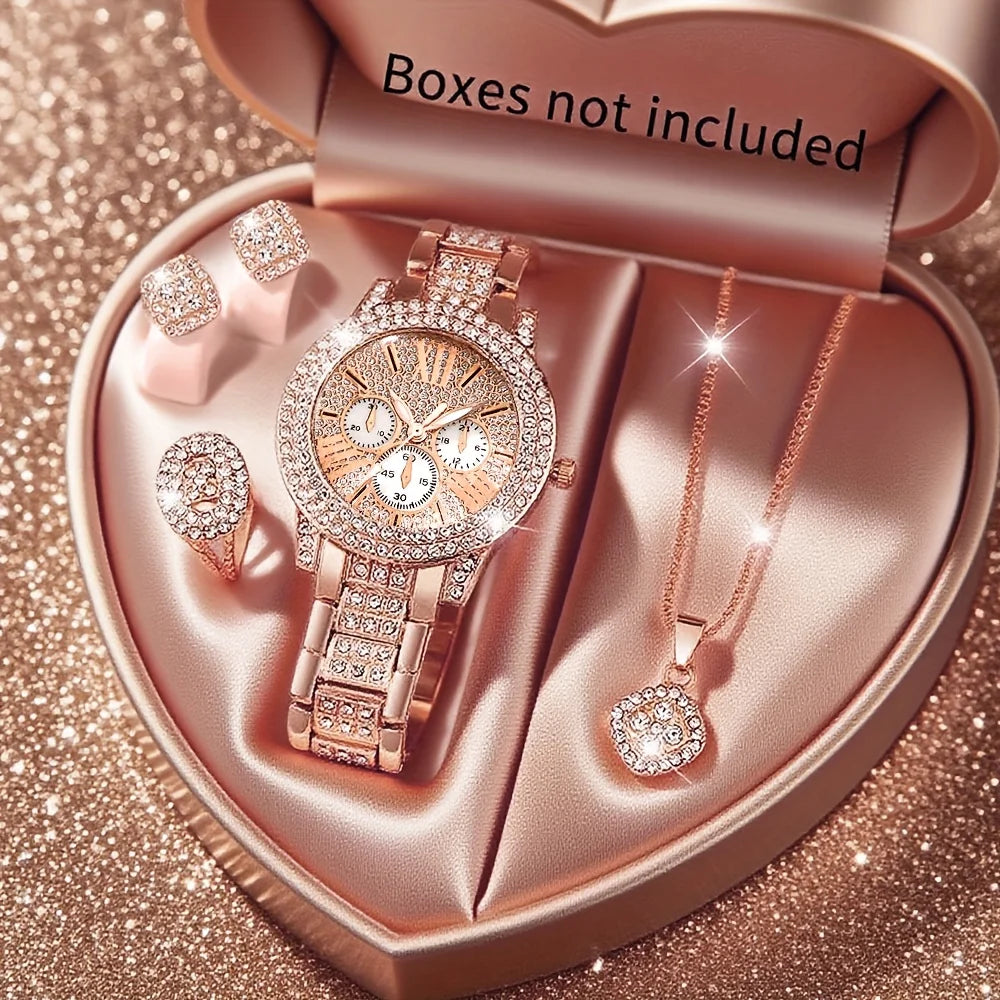 5PCS Elegant Women's Watch Jewelry Set Fashion Rhinestone Ladies Quartz Wristwatch Reloj Mujer Girls Clock Gift（Without Box）