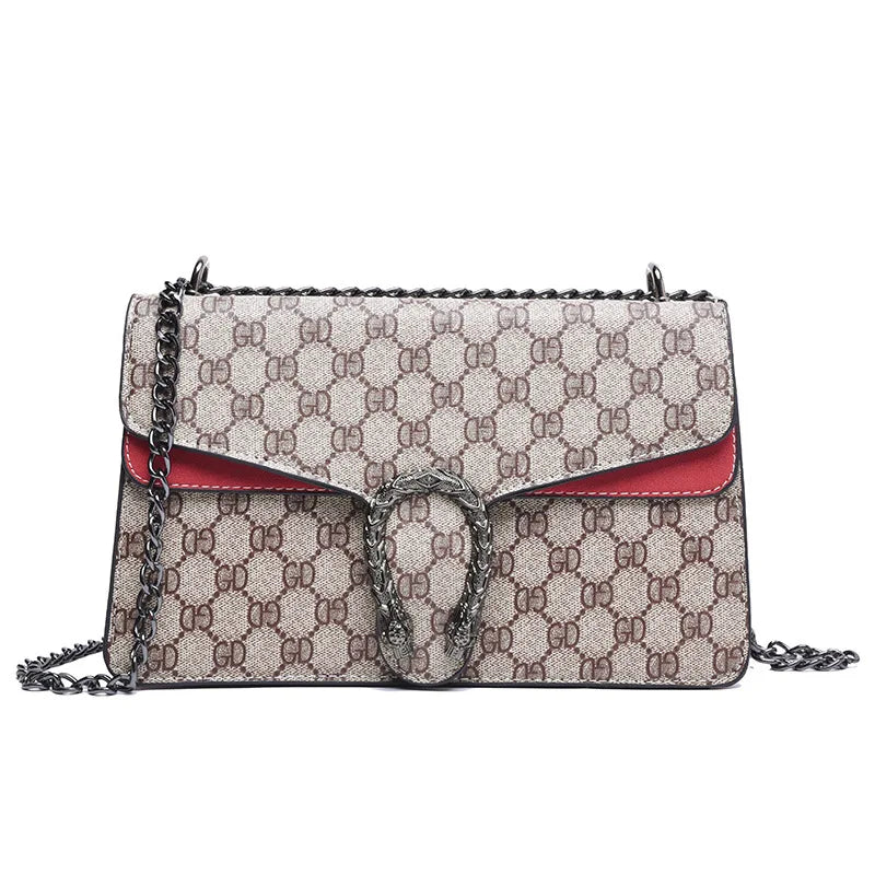 PU Mini Crossbody Bag Vintage Print With Chain Strap Monogram — Beige-Cream | KIMLUD