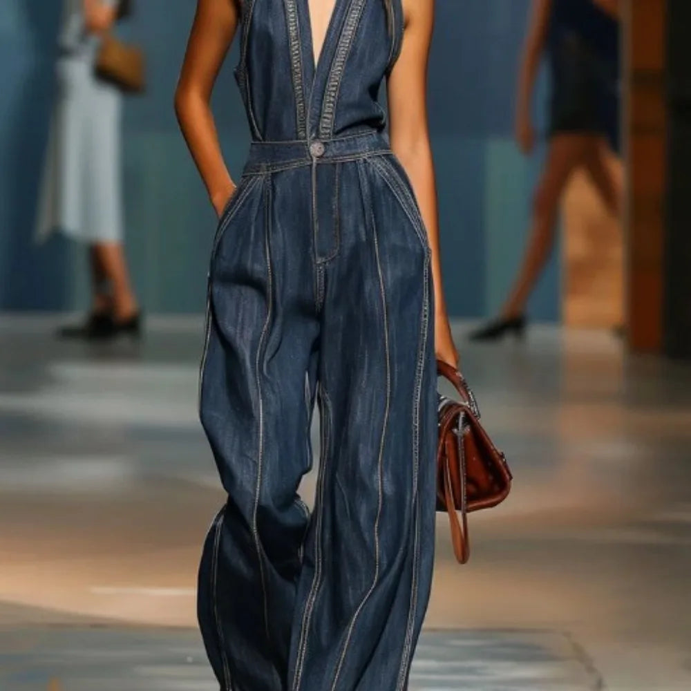 Faux Denim Jumpsuits & Rompers Halter Neck Sleeveless Wide-Leg — Blue | KIMLUD