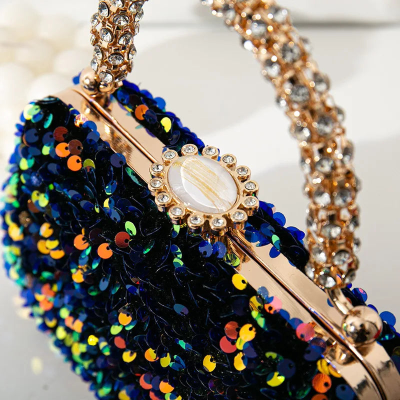 Sequined Evening Handbag Rhinestone Top Handle — Red | KIMLUD