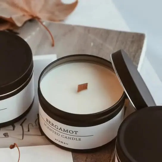 Tin Can Candle Aromatic With Wooden Wick For Home Decor And Outdoor Ambience — Black | KIMLUD