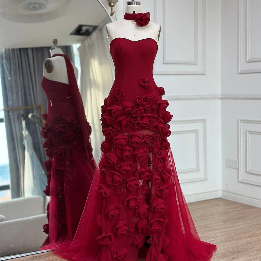 Serene Hill 2025 Pink Chiffon Strapless Sideslit Prom Dress Formal Party Wine Red Flowers Gown Rose Collar GLA72568 Customized