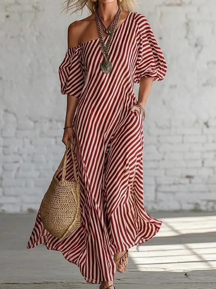 Polyester Patchwork Striped Maxi Dress — Black | KIMLUD