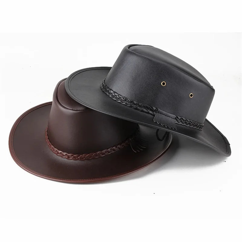 Combhasaki Mens Western Cowgirl Hats with Adjustable String Artificial Leather Wide Brim Outdoor Fashion Unisex Sunshade Cap