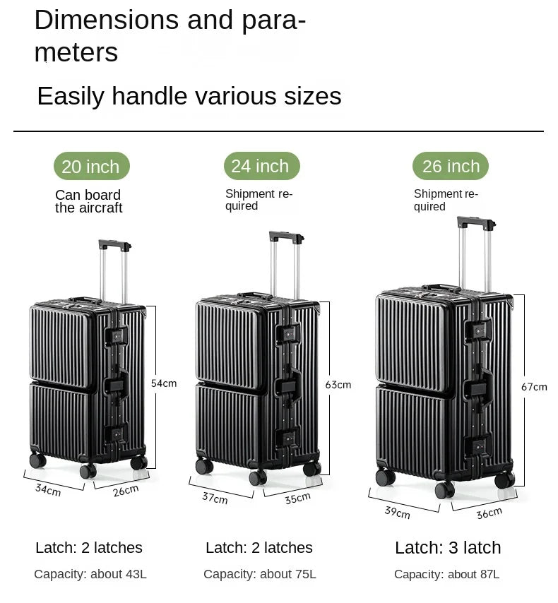 Front Opening Suitcase Aluminium Frame Large Capacity Carrier 28-inch Oversized Luggage 20 inch Trip Cabin Travel Case 2025 New