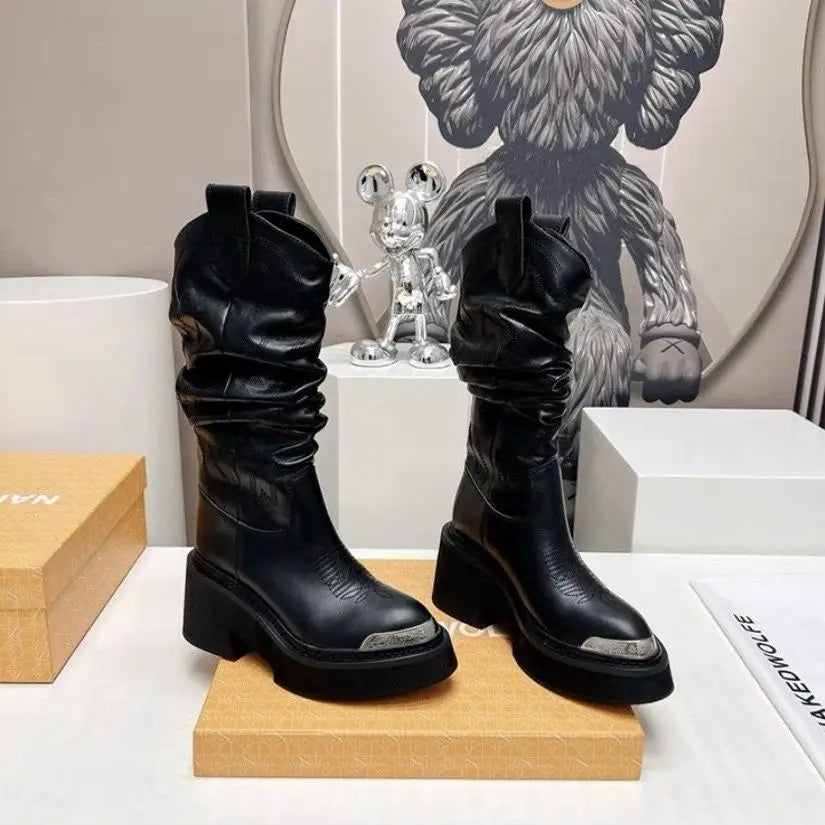 Genuine Leather Riding Boots Mid-Calf — Black | KIMLUD