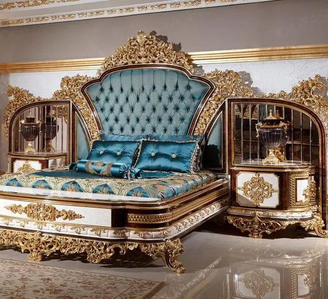 Velvet King Bed Double Tufted Carved Headboard — Deep Blue | KIMLUD