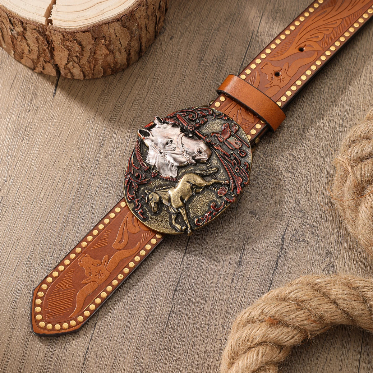 Retro Western PU Embossed Buckle Belt — Brown | KIMLUD