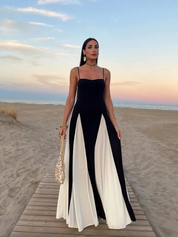 Elegant Black White Dress Color Clash Women Halter Backless Dresses Sleeveless High Waist Floor Length Dresses Party Gowns