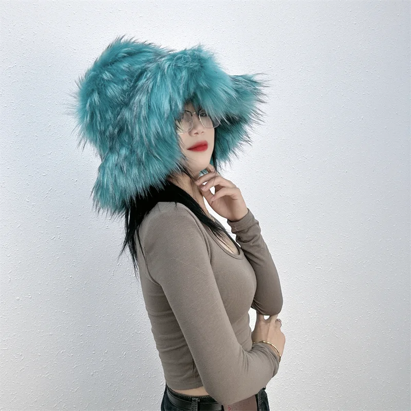 Winter Women Faux Fur Bucket Hat Warm Raccoon Fur Hat Oversize Outdoor Punk Hat Girl Fashion Long Fur Bucket Hat Furry Cute Cap - KIMLUD