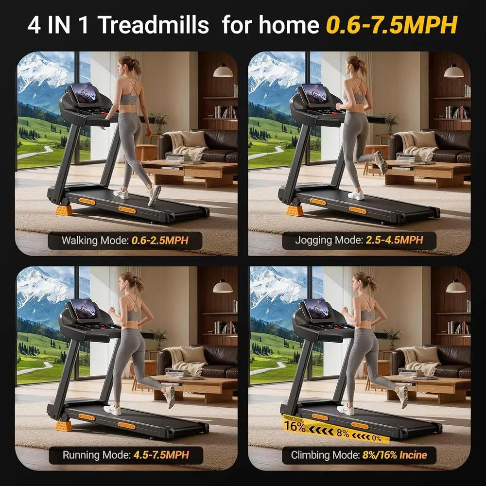 Satin Steel Treadmill 4-in-1 Foldable Incline 16% 3HP — Onyx Black | KIMLUD