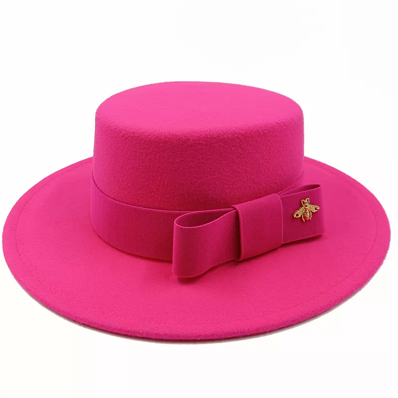 Wholesale Fedora hats Winter round concave convex surface flat top bow elastic ribbon men&#39;s and women&#39;s felt jazz hats Fedora - KIMLUD
