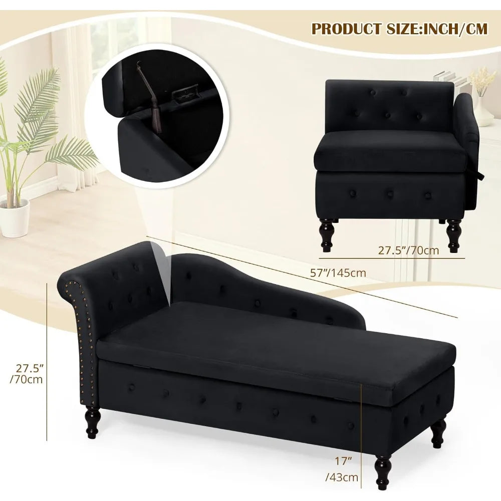 Velvet Chaise Lounge with Left Armrest & Storage Space,Button Tufted Lounge Chair w/Lumbar Pillow,Modern Upholstered Lounge Chai