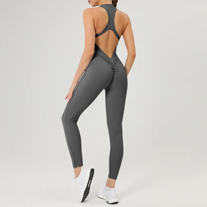 Nylon-Spandex Scrunch Gym Jumpsuit — Black | KIMLUD