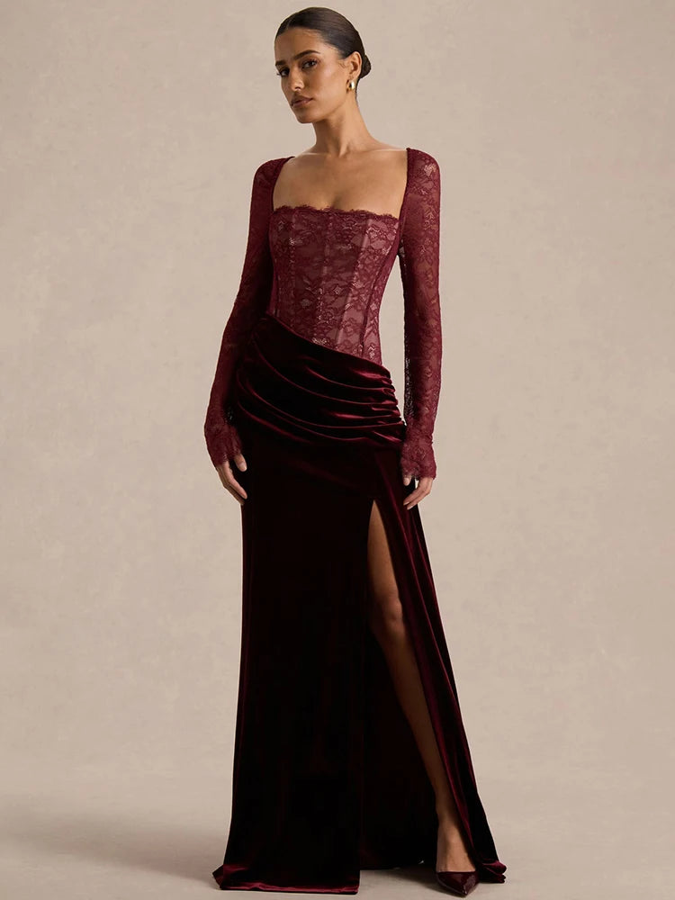Lace Velvet Maxi Dress Square-Neck See-Through Backless — Black | KIMLUD