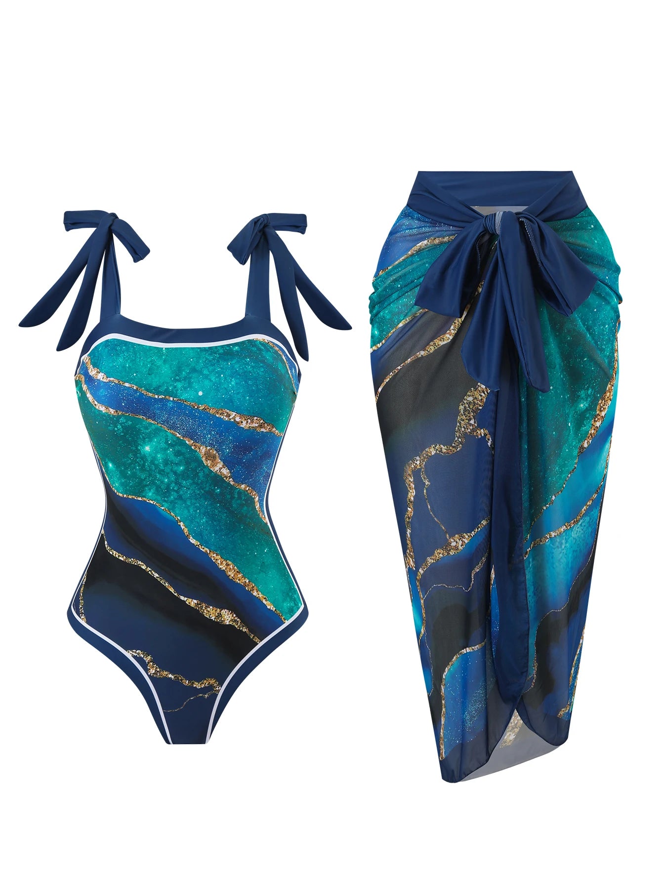 Printed One-Piece Swimsuit With Gauze Skirt — Multicolor | KIMLUD