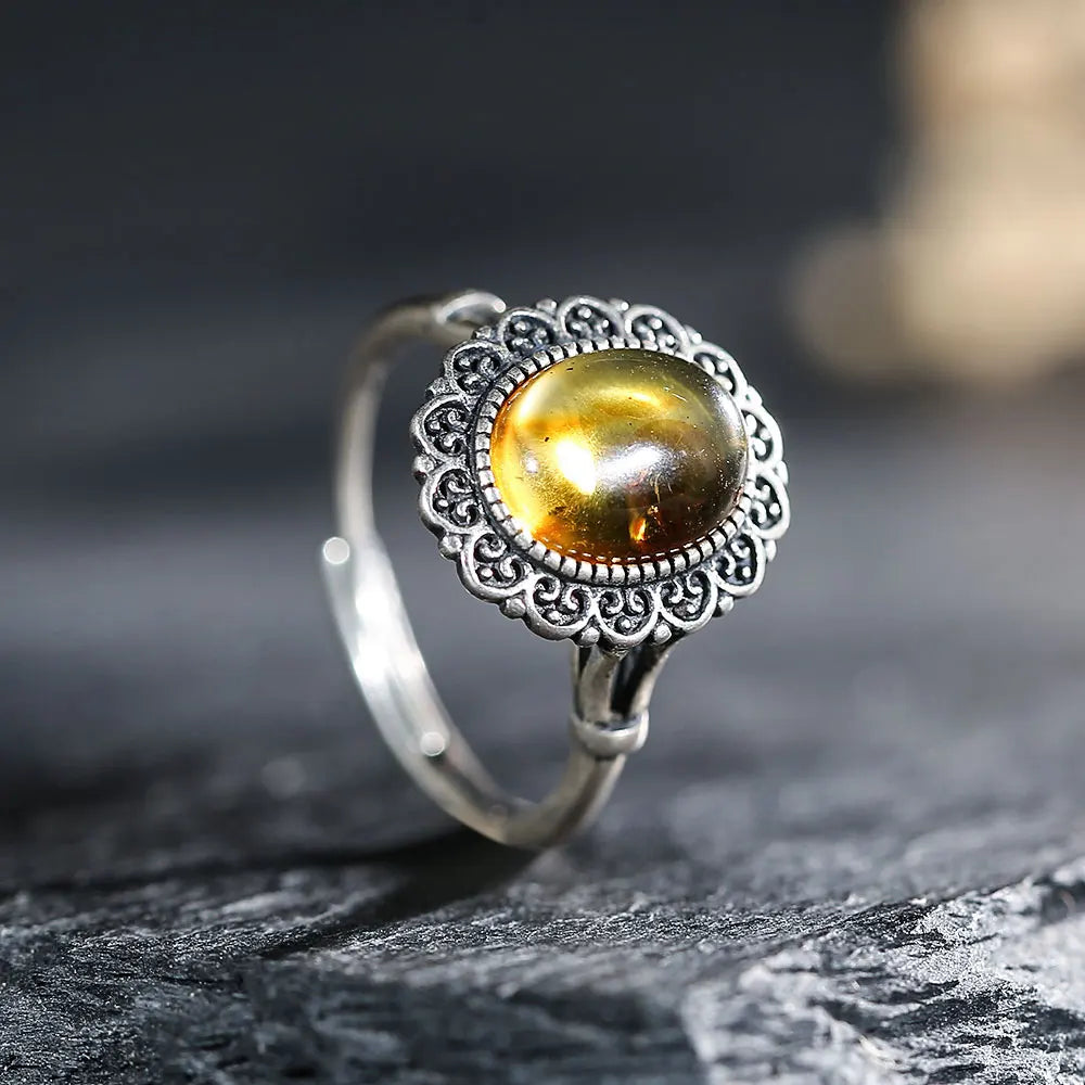 Sterling Silver Ring Adjustable Vintage Hollow Floral Design — Amber | KIMLUD