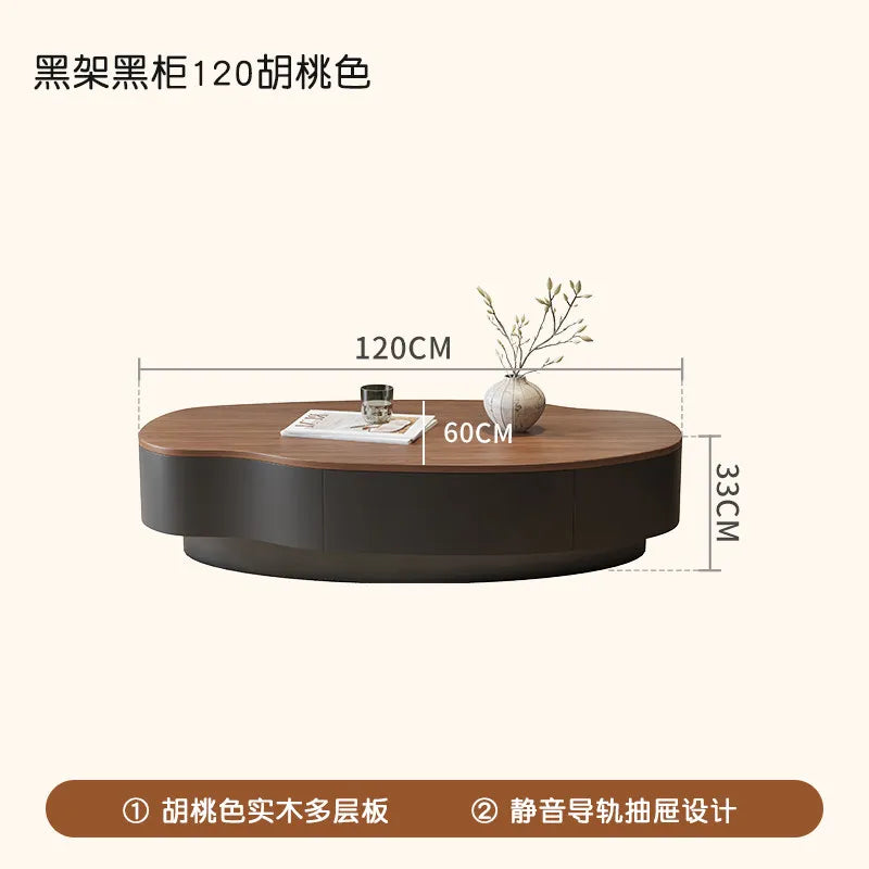 Solid Wood Minimalist Modern Coffee Table With Integrated Storage And Sculpted Edges — Walnut | KIMLUD