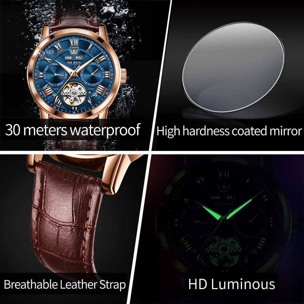 Luxury Automatic Watch With Brown Leather Strap And Mechanical Hand Wind Movement — Blue | KIMLUD