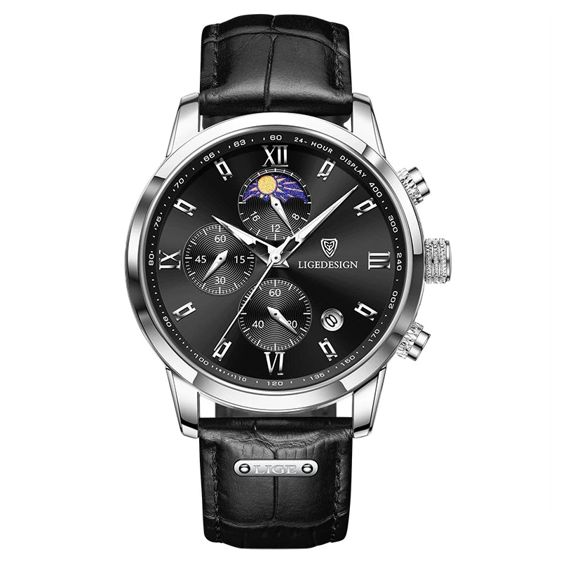 Leather Chronograph Military Watch 40–44mm Dial, Luminous Hands, 3 Bar Water Resistant — Black | KIMLUD