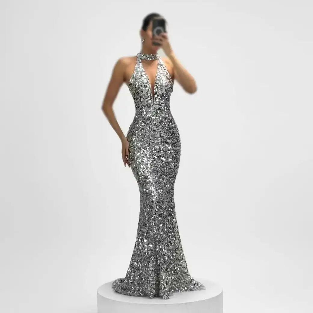 Mermaid Evening Dress – Halter Deep-V Neck – Sequin Beaded | KIMLUD