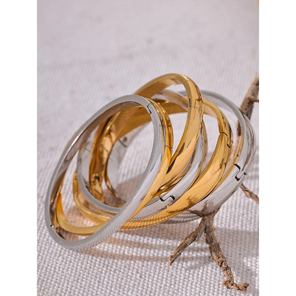 Yhpup 60mm Waterproof 316L Stainless Steel Round Smooth Bracelet Bangle Women Minimalist 18k Gold Color Texture Charm Jewelry - KIMLUD