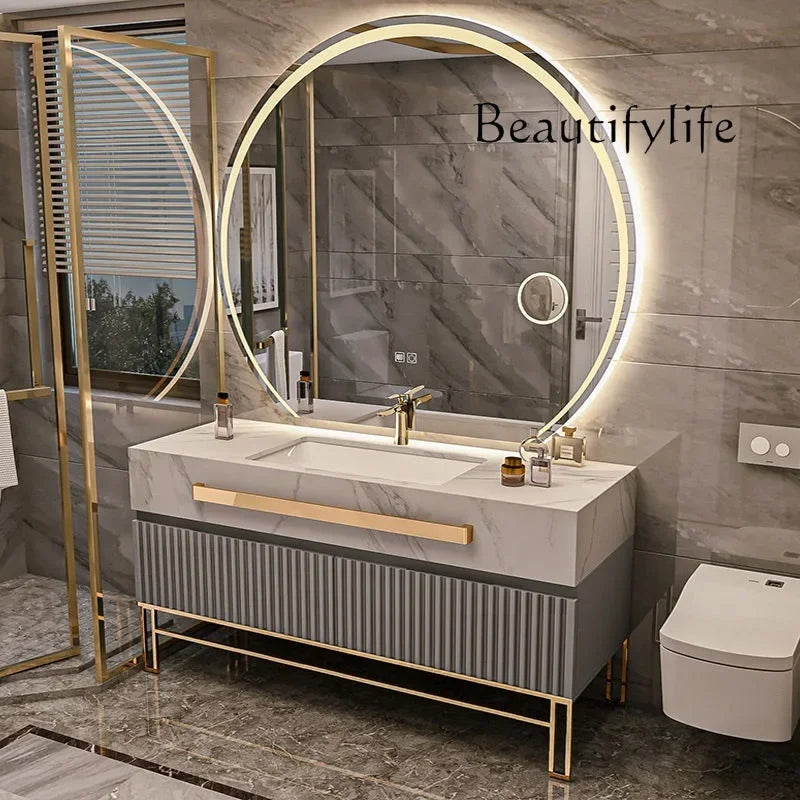 Oak Vanity Cabinet With Rock Slab LED Lighting — Grey | KIMLUD