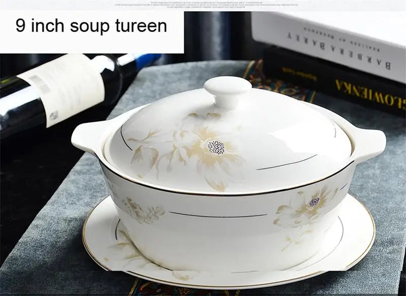 Bone China Dinnerware Set 46-Piece Gold Rim — Ivory White | KIMLUD
