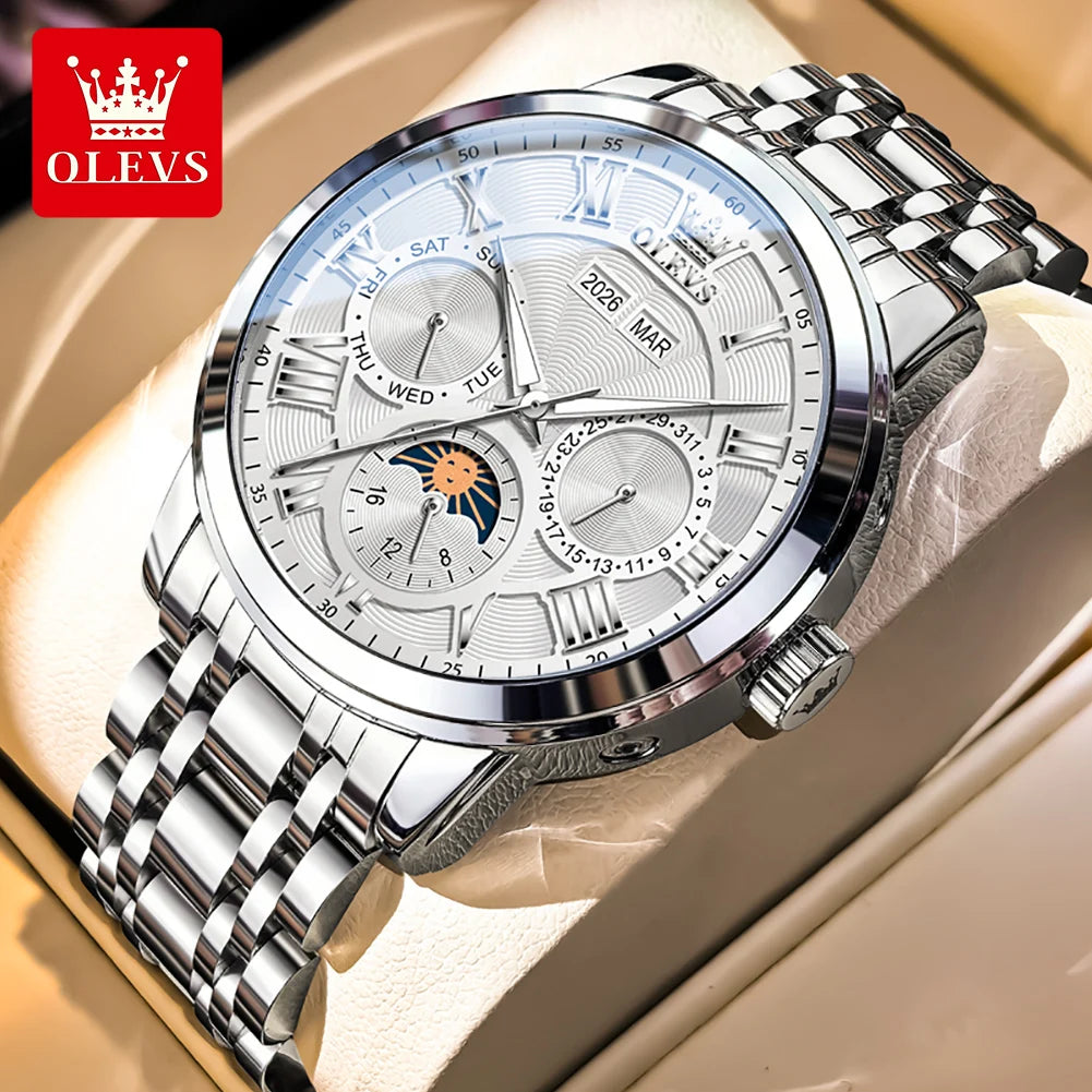 Stainless Steel Mens Watch Moon Phase Automatic — Silver | KIMLUD