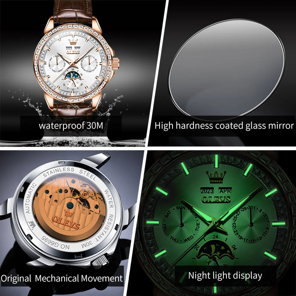 Leather Moon Phase Diamond Bezel Watch — Rose Gold | KIMLUD