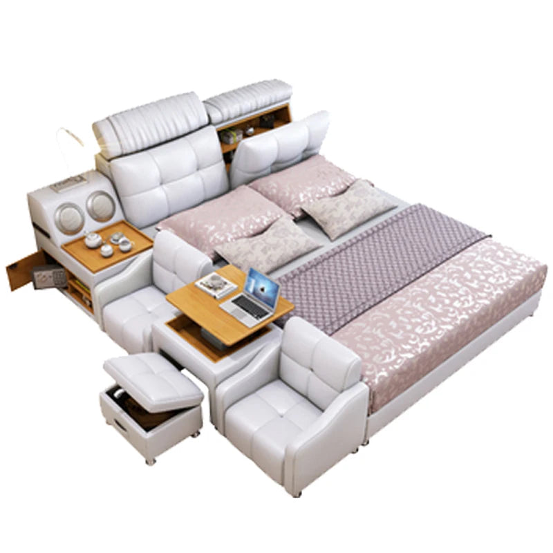 Upholstered Bed With Storage And Integrated Headboard In Minimalist Modern Silhouette — Ivory White | KIMLUD