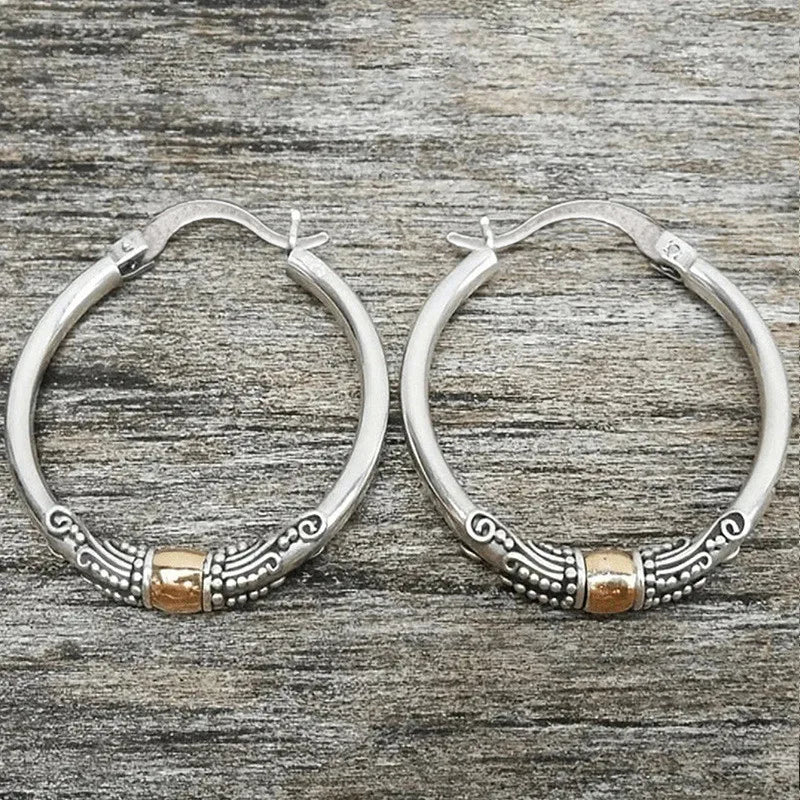 925 Sterling Silver Vintage Two Tone Hoop Earrings for Women Bohemia Style Female Circle Earrings Jwelry Gifts