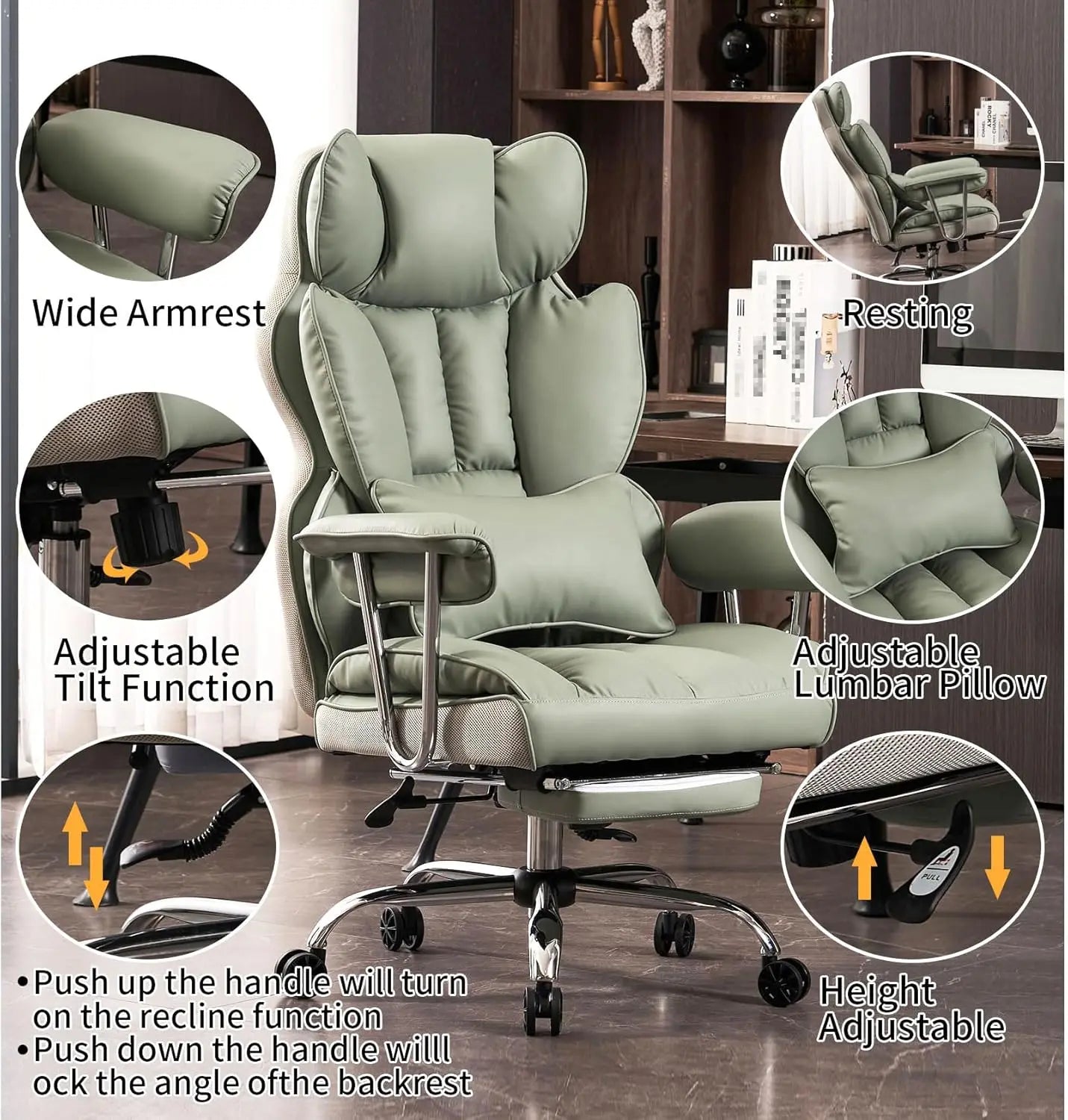 Heavy-Duty Executive Office Chair with Footrest, 400lbs Capacity, Reclining Backrest, Light Green Leather